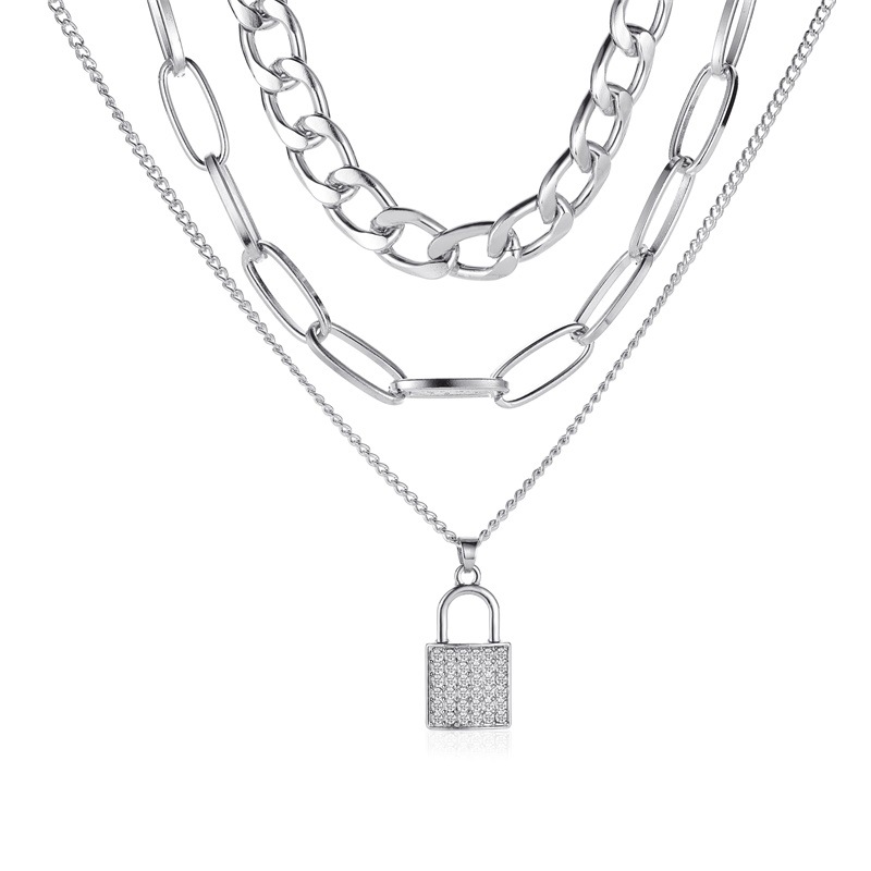 Europe and America Cross Border Hot Sale Thick Chain Lock-Shaped Necklace Punk Temperament Micro-Inlaid 3-Layer Lock Head Pendant Multi-Layer Necklace