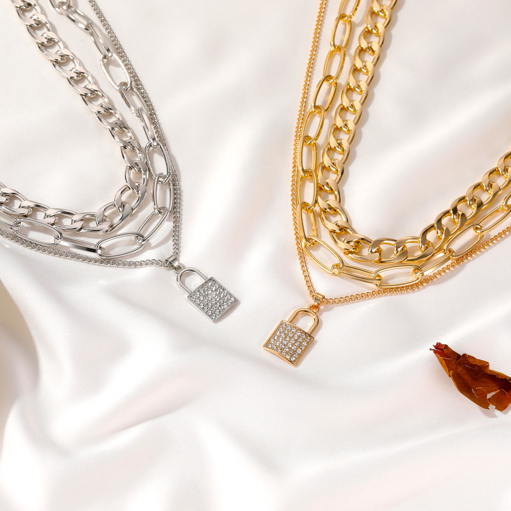 Europe and America Cross Border Hot Sale Thick Chain Lock-Shaped Necklace Punk Temperament Micro-Inlaid 3-Layer Lock Head Pendant Multi-Layer Necklace