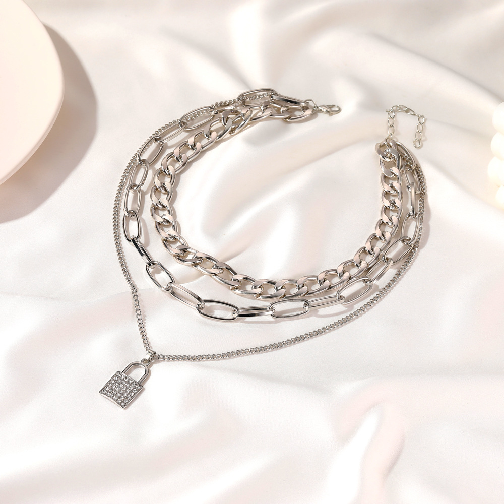 Europe and America Cross Border Hot Sale Thick Chain Lock-Shaped Necklace Punk Temperament Micro-Inlaid 3-Layer Lock Head Pendant Multi-Layer Necklace