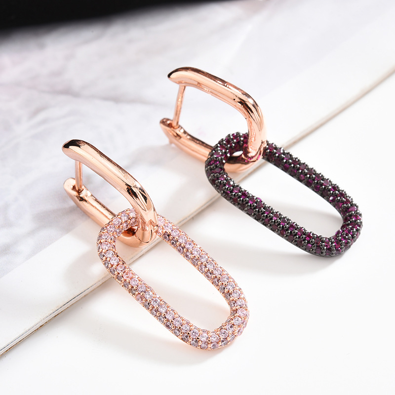 European and American Fashion Retro Earrings Micro Inlaid Zircon Geometric Lock Earrings Korean Style Temperament Wild Trendy Ear Ring Single