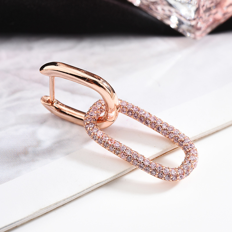 European and American Fashion Retro Earrings Micro Inlaid Zircon Geometric Lock Earrings Korean Style Temperament Wild Trendy Ear Ring Single
