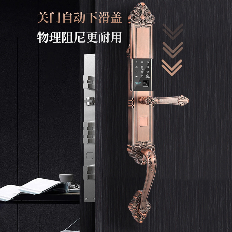 Household Fingerprint Lock Anti-Theft Door Password Lock with Handle European Style Electronic Lock Credit Card Country Villa Double Open Gate Lock
