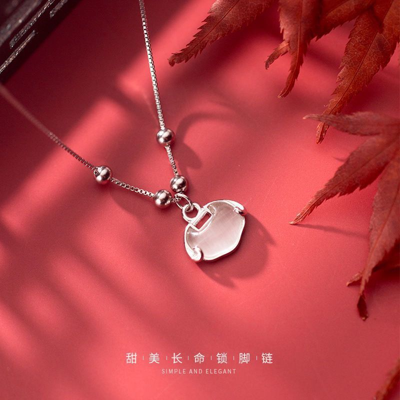 925 Silver Opal Longevity Lock Anklet Women&#039;s Simple Ins Design Fresh Niche Summer Stylish Foot Ring Korean Style