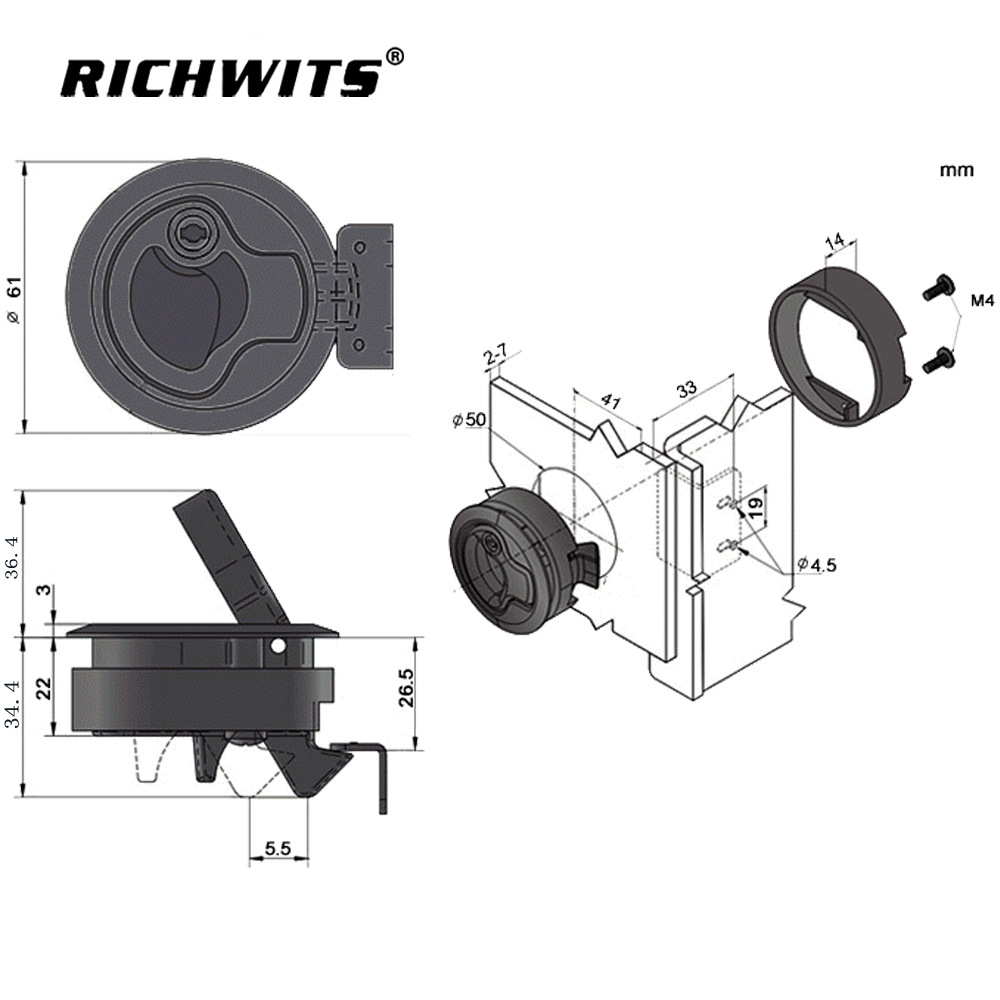 Yacht RV Toilet Door Lock Marine Deck Lock Floor Shackle Embedded Plastic Black Lock round Lock