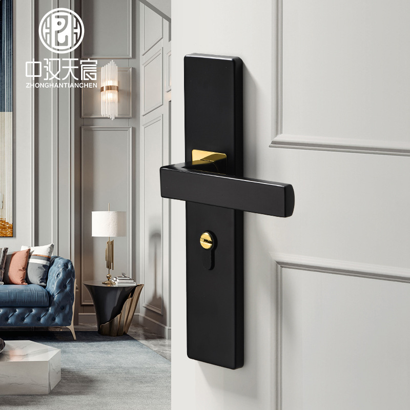 Black Mute Strong Magnetic Suction Door Lock Modern Aluminum Alloy Bedroom Solid Wood Marble Mechanical Door Lock Room