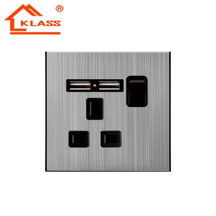 Export Sales Wall Stainless Steel Socket Outlet Switch British Standard Multi-Functional Socket with Double USB Charger Socket