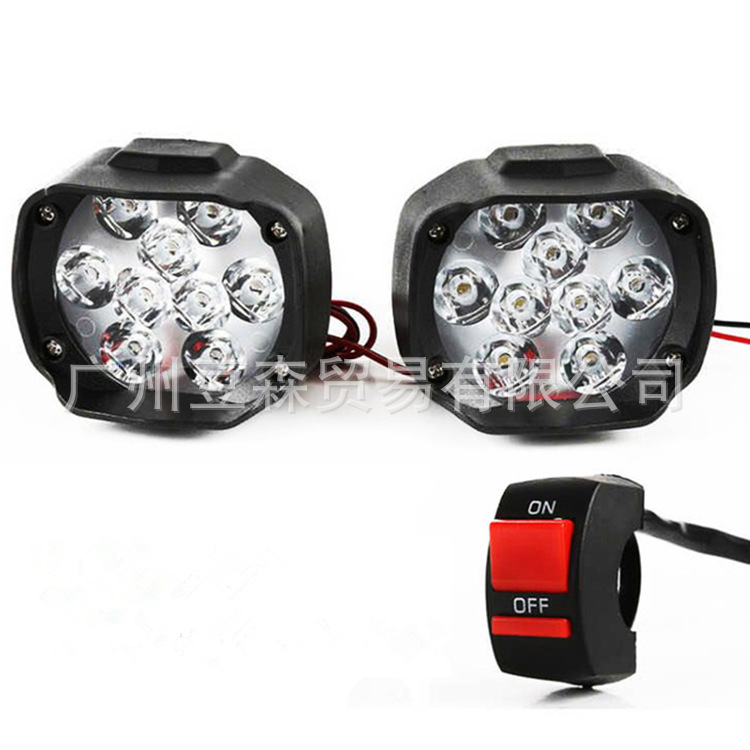 Motorcycle LED Headlight Electric Car External Light 9 Beads Bright Spotlight Set with Switch