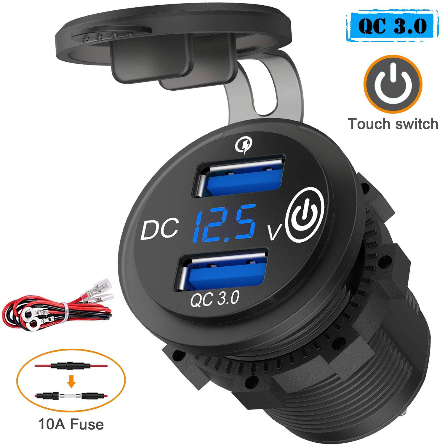 Car Modification Motorcycle RV Modification Touch Switch Qc3.0 with Voltmeter Double USB Mobile Phone Charger