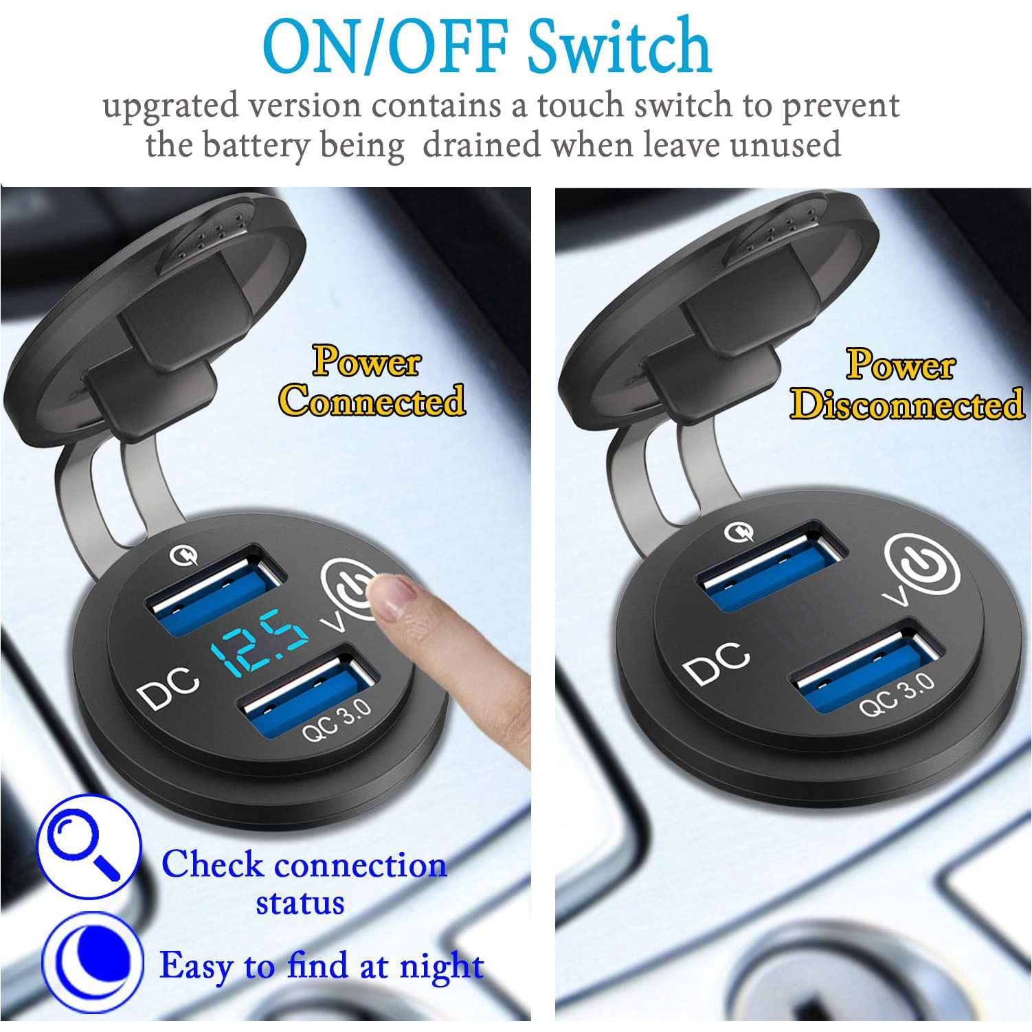Car Modification Motorcycle RV Modification Touch Switch Qc3.0 with Voltmeter Double USB Mobile Phone Charger