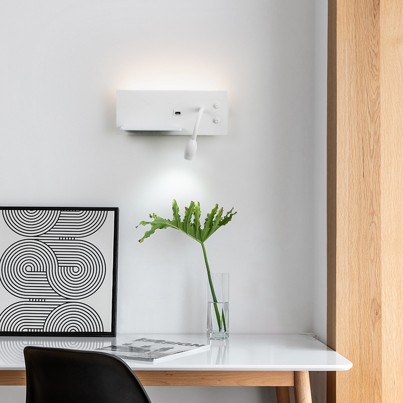 LED Wall Lamp USB Mobile Phone Charging with Switch Storage Stand Hotel Guest Room Bedroom Bedside Lamp Reading Lamp