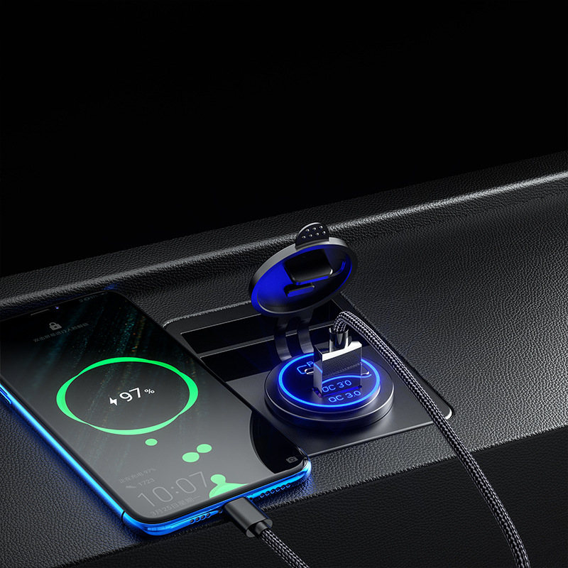 Cross-Border New Arrival Modified Car Charger PD + Qc3.0 with Switch Button Waterproof Automobile and Motorcycle Boat Modified Car Charger