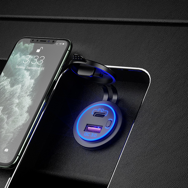 Cross-Border New Arrival Modified Car Charger PD + Qc3.0 with Switch Button Waterproof Automobile and Motorcycle Boat Modified Car Charger
