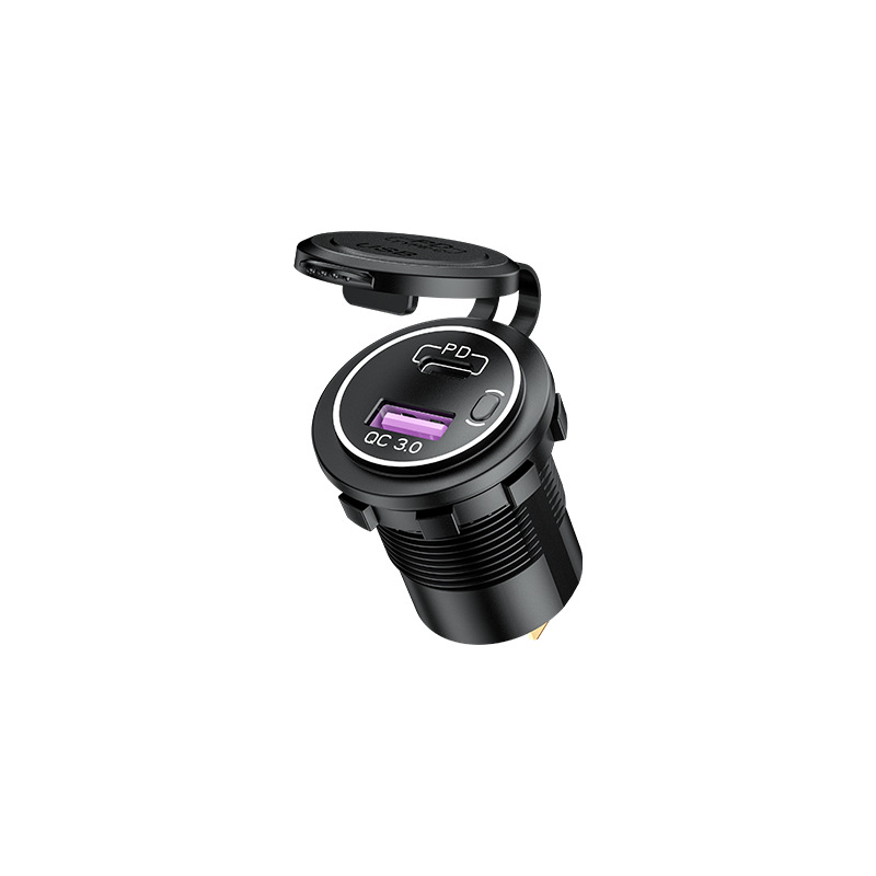 Cross-Border New Arrival Modified Car Charger PD + Qc3.0 with Switch Button Waterproof Automobile and Motorcycle Boat Modified Car Charger