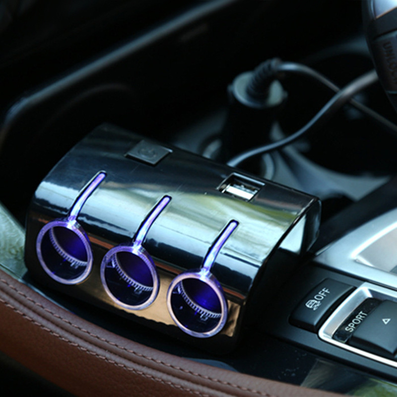 Multifunctional Dual USB Car Charger with Switch One Minute Three New Car Charger One Drag Three Cigarette Lighter
