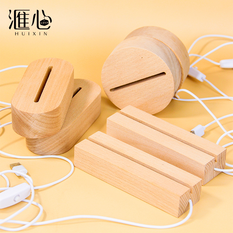 Spot Beech Led Luminous Base Solid Wood USB Switch Small Night Lamp Base Acrylic Wooden Lamp Holder