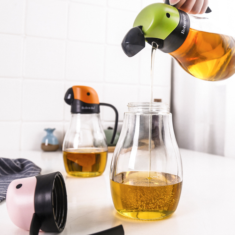 Cartoon Woodpecker Automatic Switch Glass Oiler with Handle Non-Wall Seasoning Bottle Kitchen Finishing Supplies