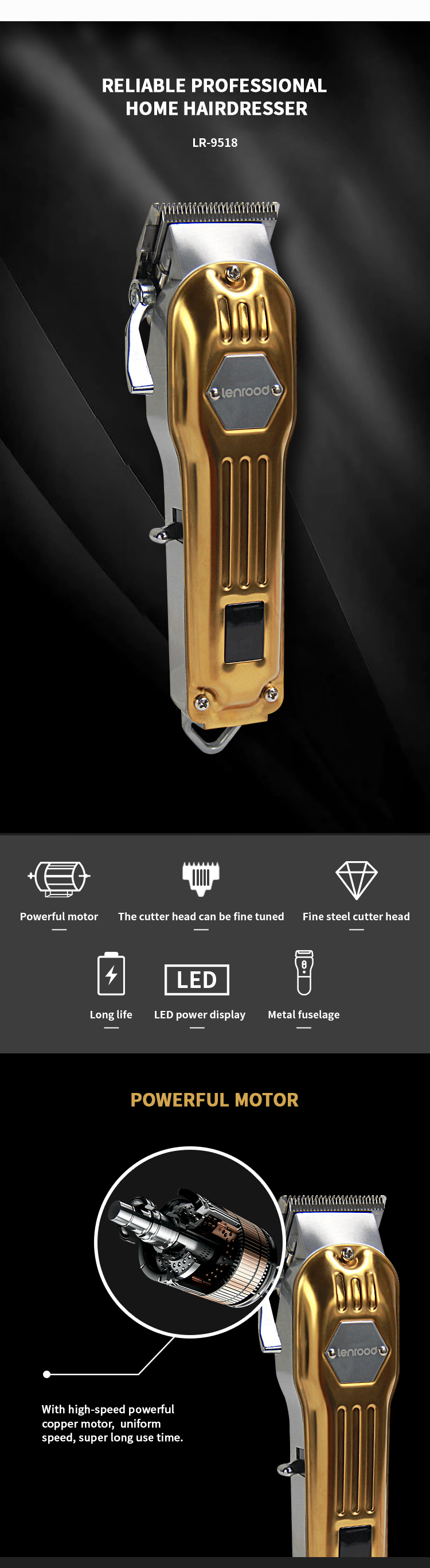 Linlu LR-9158 One-Click Switch Long Endurance Hair Clipper LED Display Handle Cutter Head Adjustment Hair Scissors