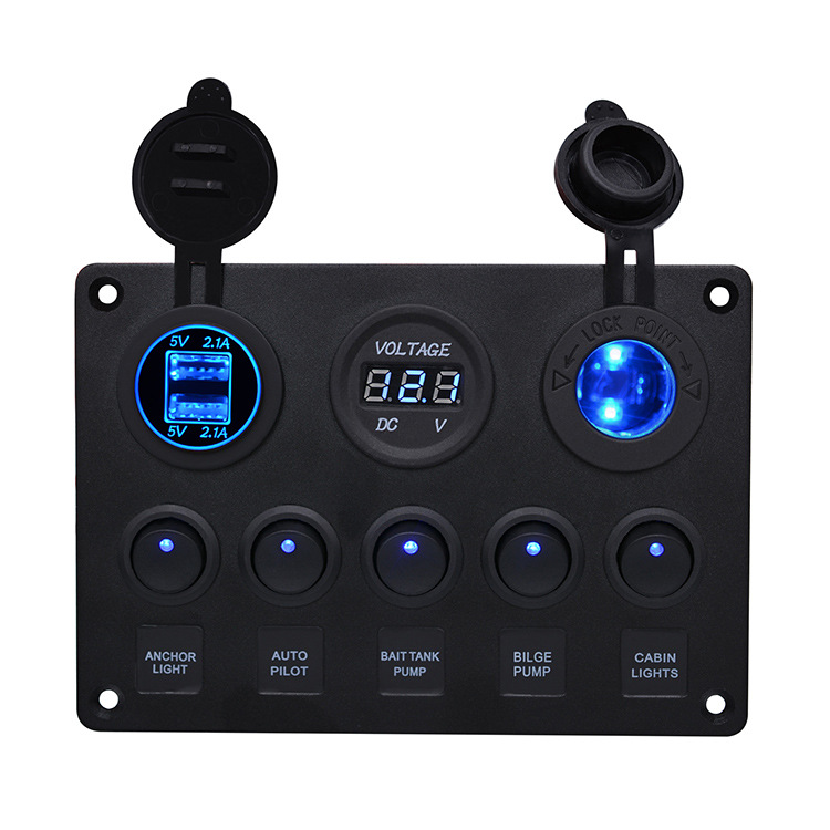 Yacht Car Combination Switch round 5-Bit Switch Dual USB Car Charger Voltmeter Composite Control Panel Switch