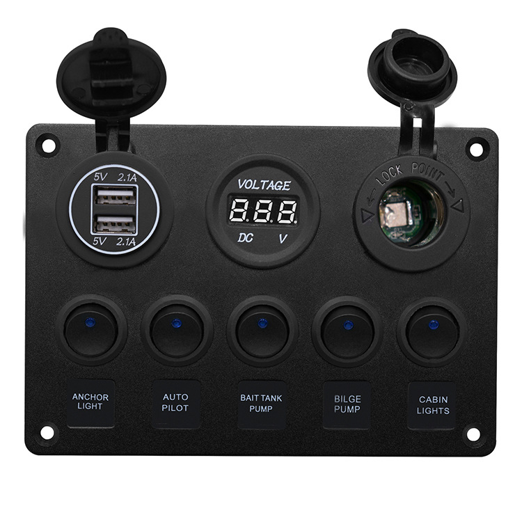 Yacht Car Combination Switch round 5-Bit Switch Dual USB Car Charger Voltmeter Composite Control Panel Switch