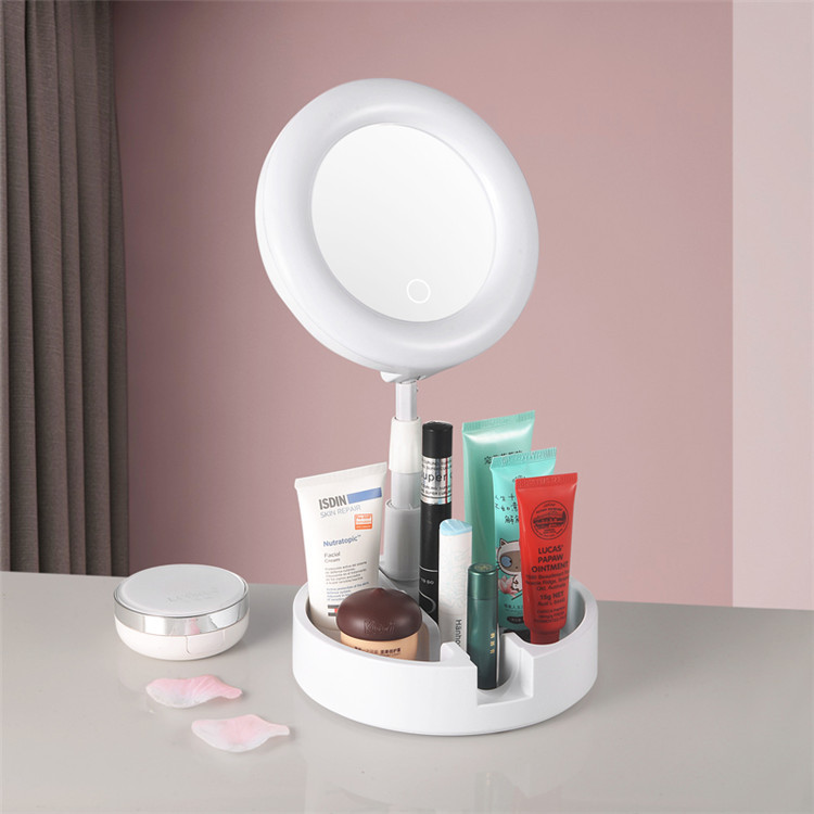Makeup Mirror Led Storage Box with Light Small round Mirror Cold and Warm Light Touch Switch Fill Light Mirror Two-in-One Rotating Flip