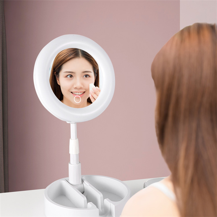 Makeup Mirror Led Storage Box with Light Small round Mirror Cold and Warm Light Touch Switch Fill Light Mirror Two-in-One Rotating Flip