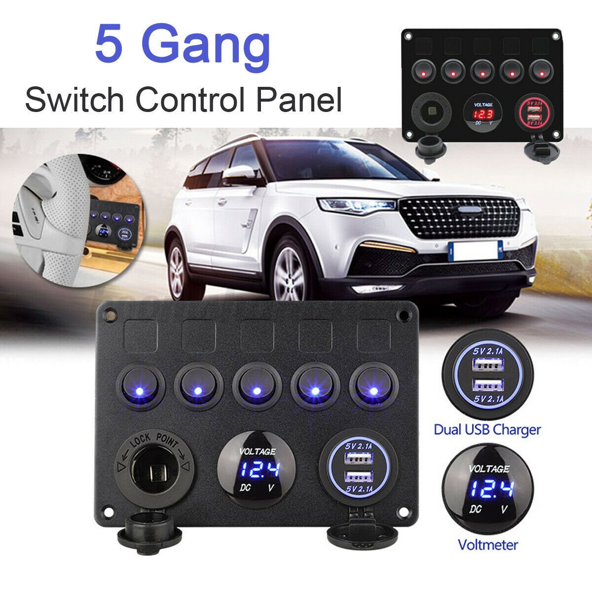 New 5Bit Cat Eye Switch Combination Panel with Safety Box Protection Voltmeter Power Socket Dual USB Car Charger