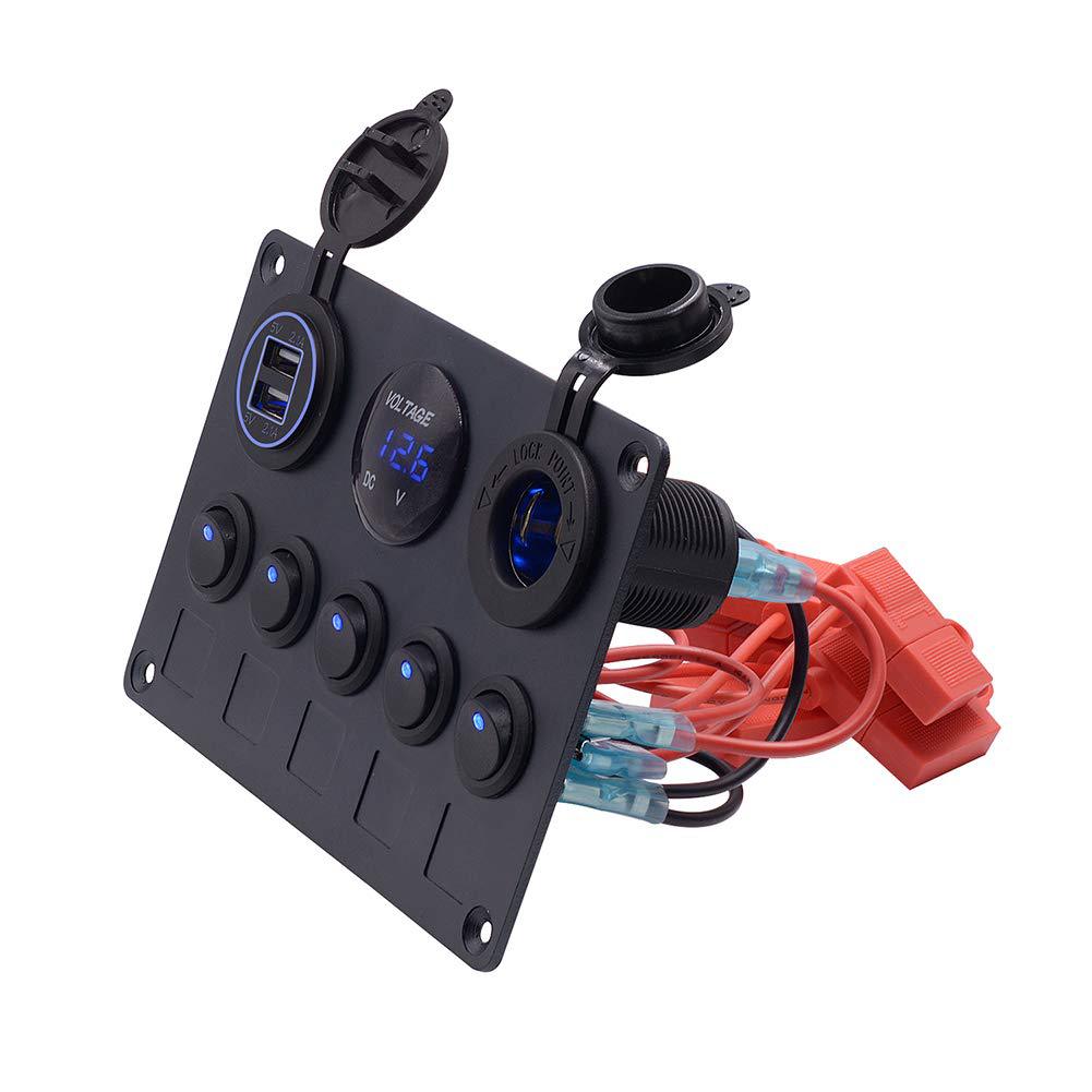 New 5Bit Cat Eye Switch Combination Panel with Safety Box Protection Voltmeter Power Socket Dual USB Car Charger