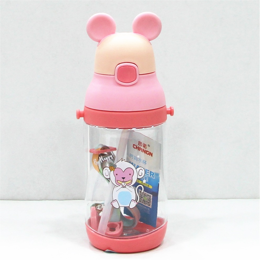 New Children&#039;s Cartoon Strap Straw with Scale Bounce Switch Water Cup Food Grade PC Material Plastic Water Bottle