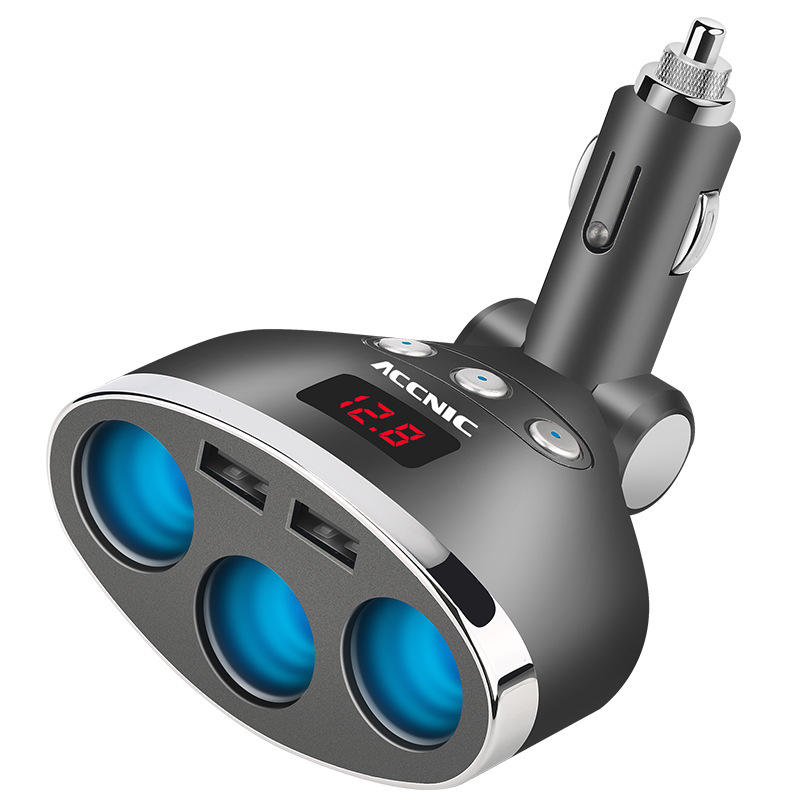 Accnic One-to-Three Cigarette Lighter Multi-Function with Switch One Divided into Two USB Mobile Phone Car Charger Plug