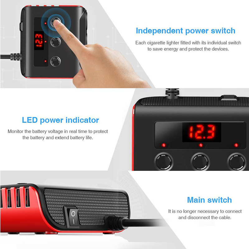 New TR12 Car Cigarette Lighter One Drag Three with Switch Voltage Display 4usb Car Cigarette Lighter Charging 100W