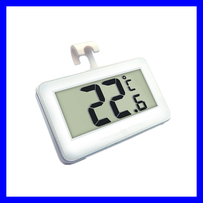 Suspended electronic refrigerator thermometer with base CF switch.
