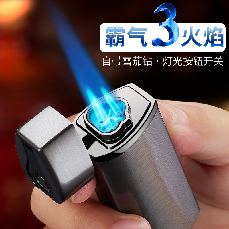 New Electronic Ignition Three Fire Blue Flame Direct Gas Lighter Creative Cigar Drill Power Display USB Charging