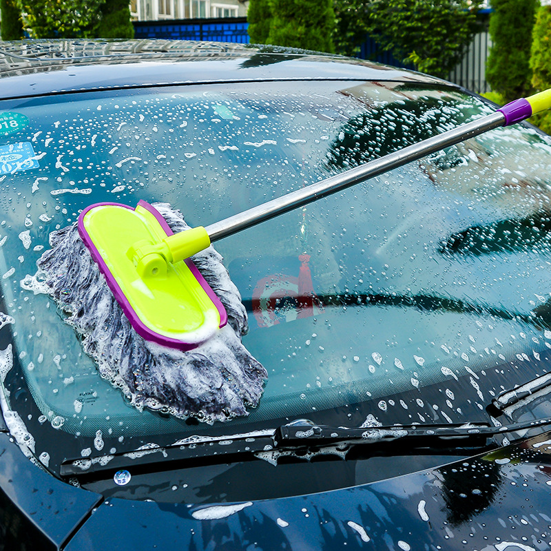 Special for Car Wash Stainless Steel Soft Wool Long Handle Mop Telescopic Dust Removal Car Whisk Pure Cotton Rotatable Car Wax Brush Mop