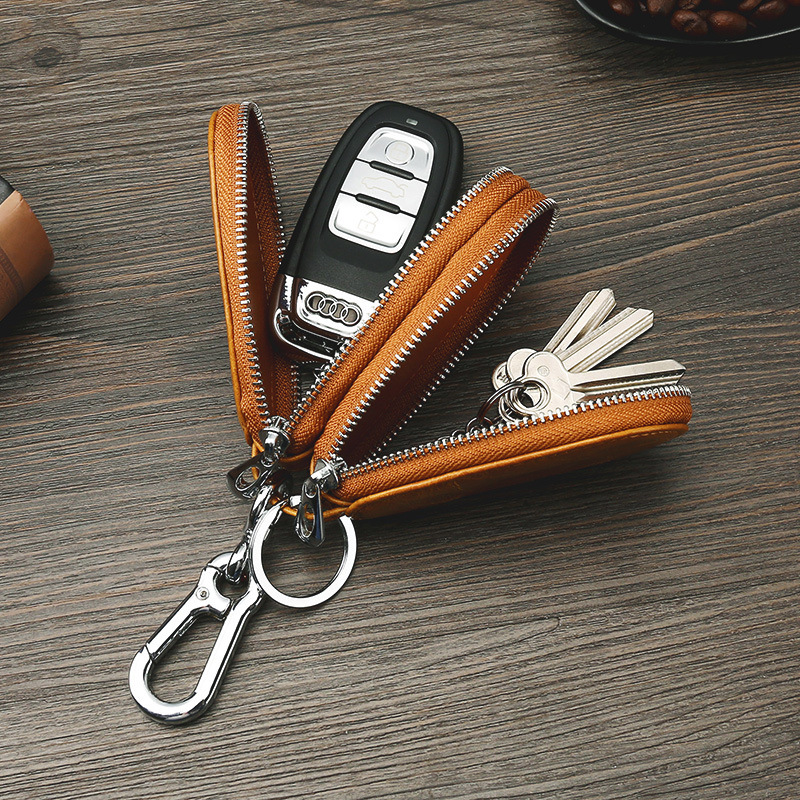 Retro Oil Wax Skin Car Key Case Foreign Trade Genuine Leather Double Zipper Multifunctional Car Key Case Key Bag