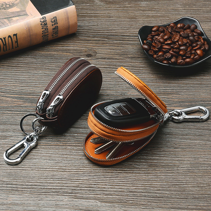 Retro Oil Wax Skin Car Key Case Foreign Trade Genuine Leather Double Zipper Multifunctional Car Key Case Key Bag