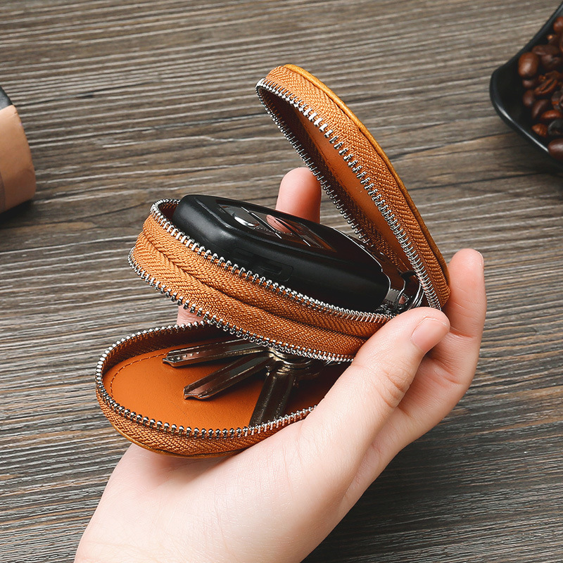 Retro Oil Wax Skin Car Key Case Foreign Trade Genuine Leather Double Zipper Multifunctional Car Key Case Key Bag