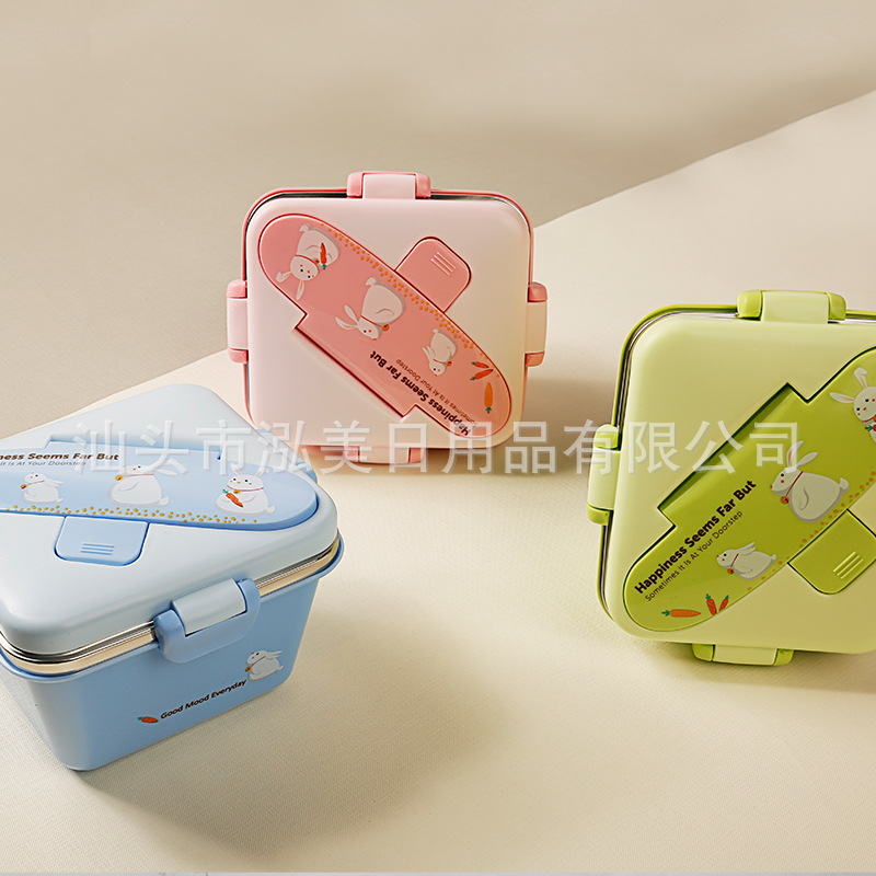 Square Stainless Steel Cartoon Student Lunch Box Japanese Lunch Box Single Layer Sealed Lunch Box Tape Tableware Lunch Box