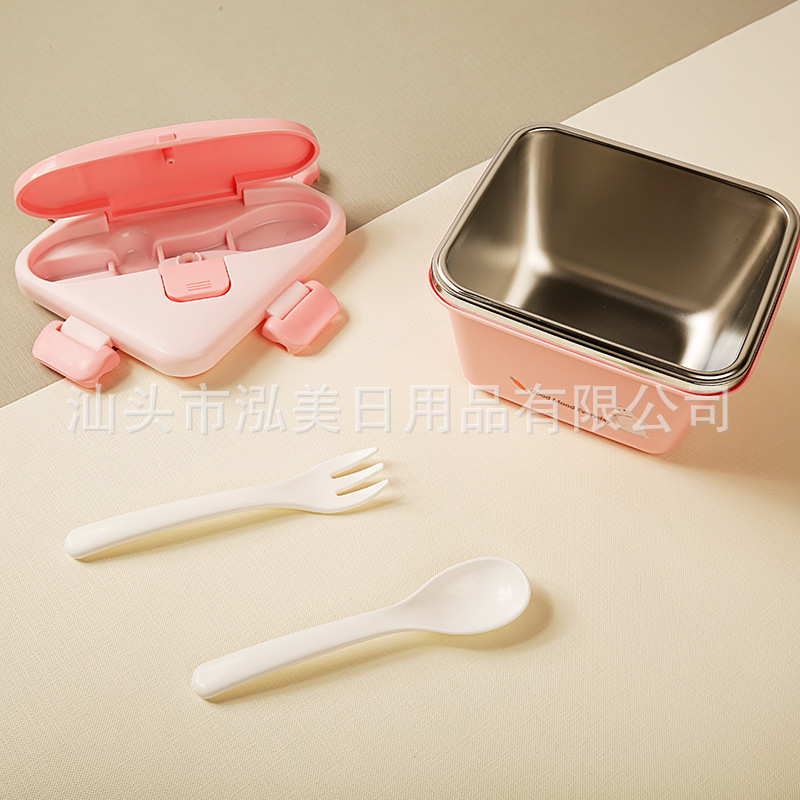 Square Stainless Steel Cartoon Student Lunch Box Japanese Lunch Box Single Layer Sealed Lunch Box Tape Tableware Lunch Box