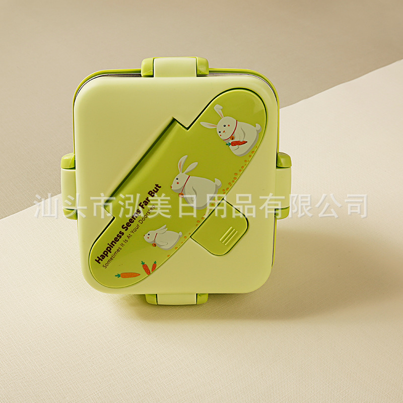 Square Stainless Steel Cartoon Student Lunch Box Japanese Lunch Box Single Layer Sealed Lunch Box Tape Tableware Lunch Box