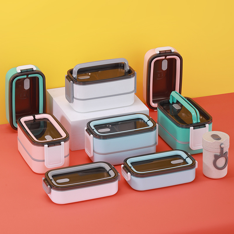 Korean-Style Cartoon 304 Stainless Steel Square Lunch Box Tape Handle Portable Heating Anti-Overflow Double-Layer Plastic Steel Lunch Box