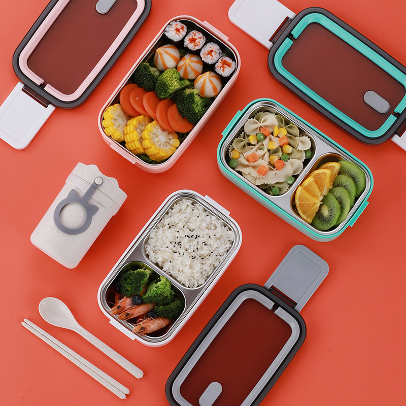 Korean-Style Cartoon 304 Stainless Steel Square Lunch Box Tape Handle Portable Heating Anti-Overflow Double-Layer Plastic Steel Lunch Box