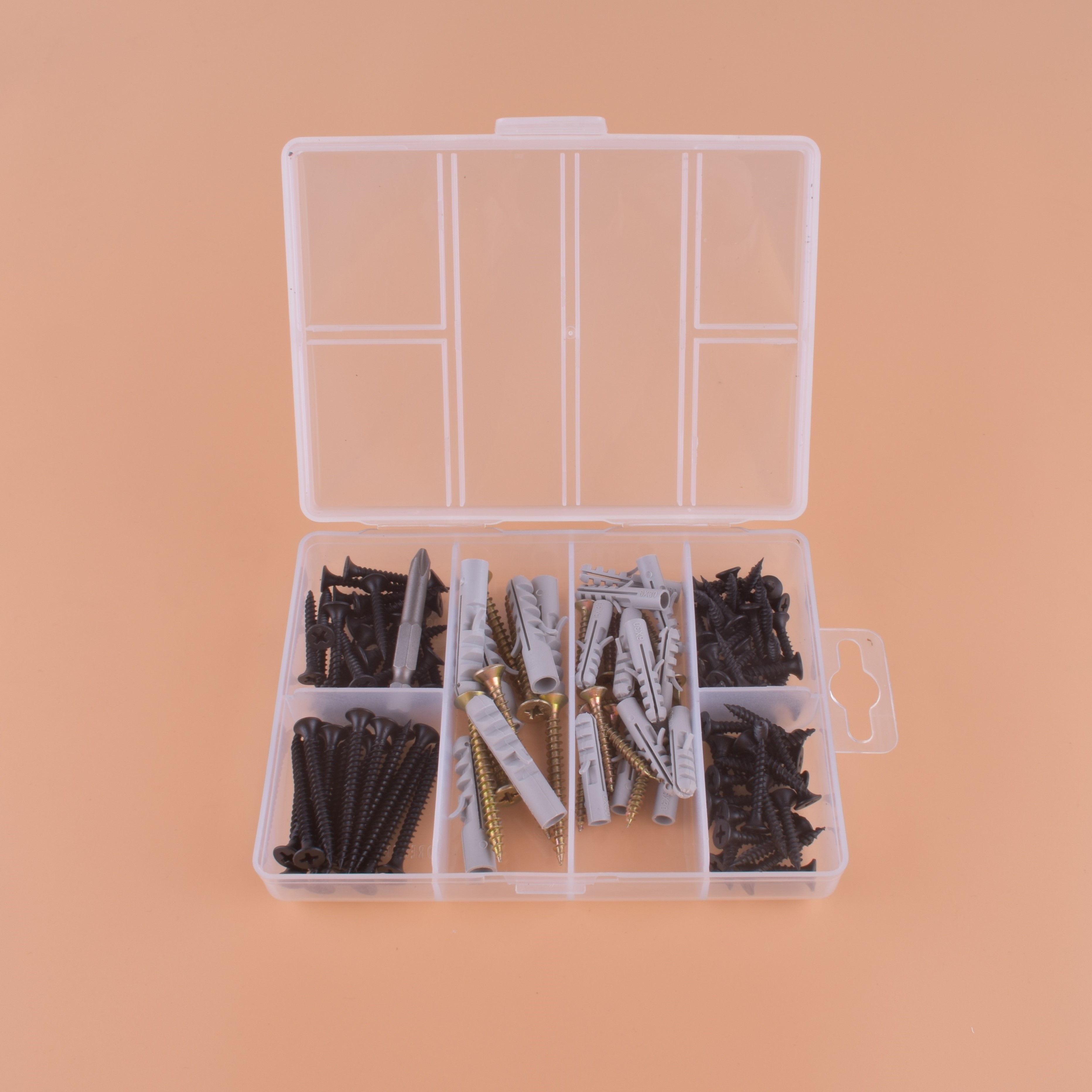 The nylon expansion pipe with black and dry wall is equipped with the color - zinc fiber board nail 121 pieces.