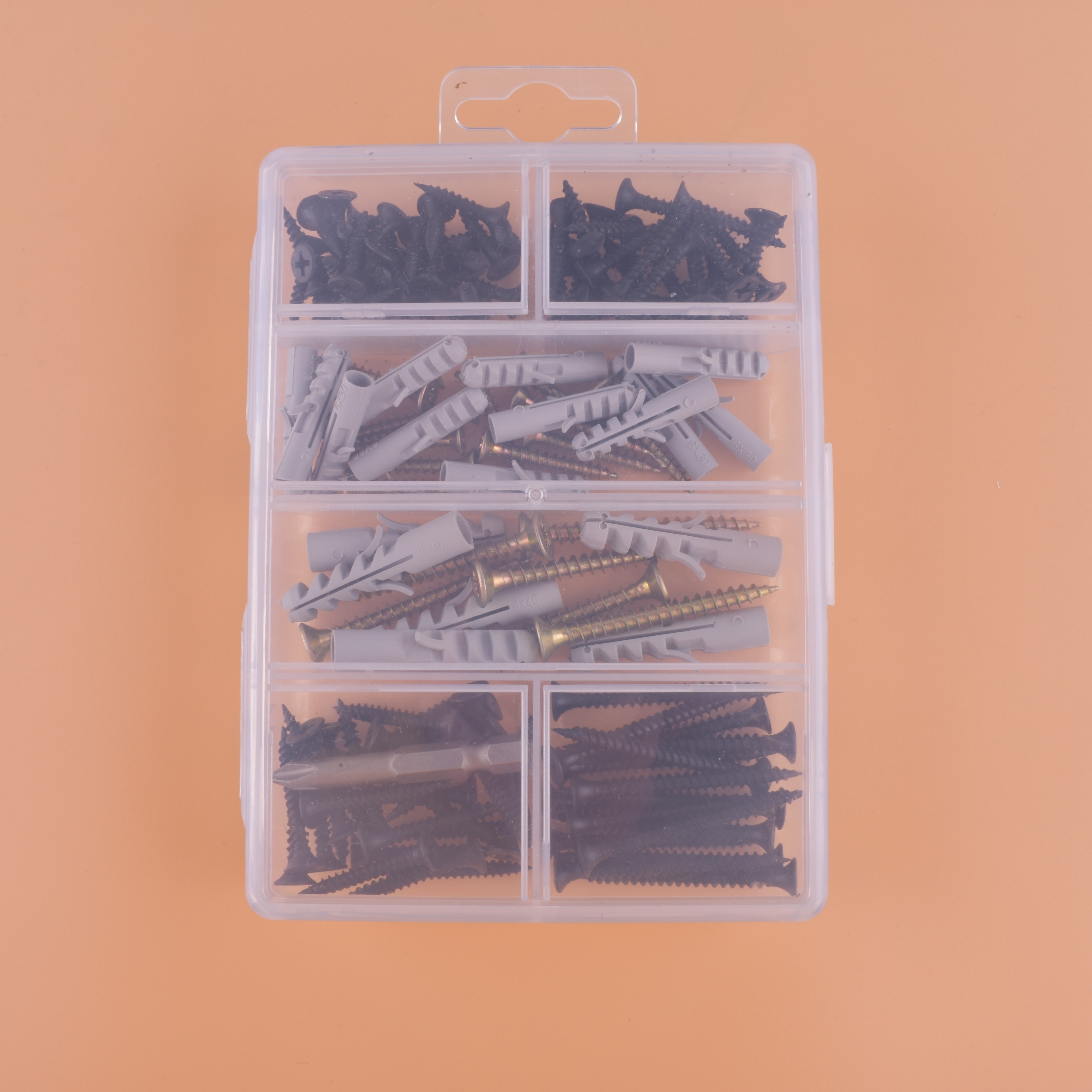 The nylon expansion pipe with black and dry wall is equipped with the color - zinc fiber board nail 121 pieces.