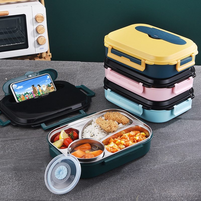 Student 304 Stainless Steel Insulated Lunch Box Japanese-Style Square Sealed Crisper Double-Layer Water Bento Box