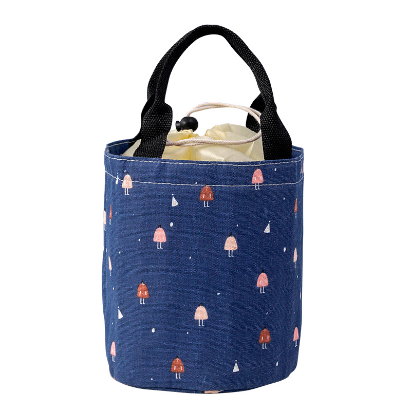 Linen Series Cylinder Insulated Bag Portable Drawstring Large Capacity Thick Aluminum Foil Fresh Bento Lunch Box Bag