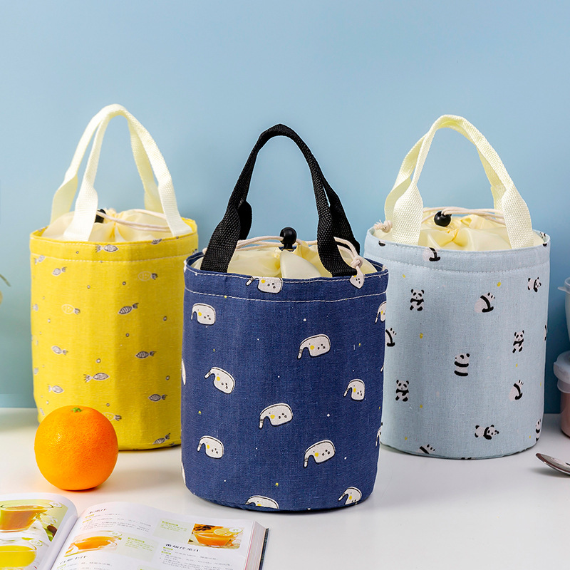 Linen Series Cylinder Insulated Bag Portable Drawstring Large Capacity Thick Aluminum Foil Fresh Bento Lunch Box Bag