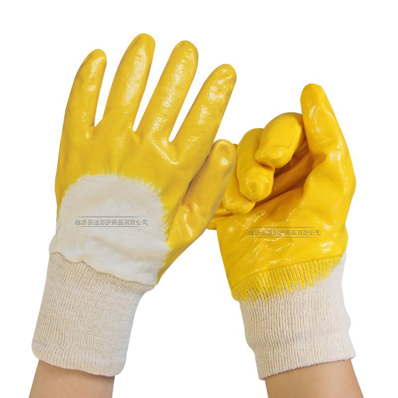 Cotton Wool Yellow Nitrile Gloves Semi-Hanging Glue Labor Protection Knitted Screw Mouth Nitrile Wear-Resistant Oil-Resistant Non-Slip Dipped Nitrile Gloves