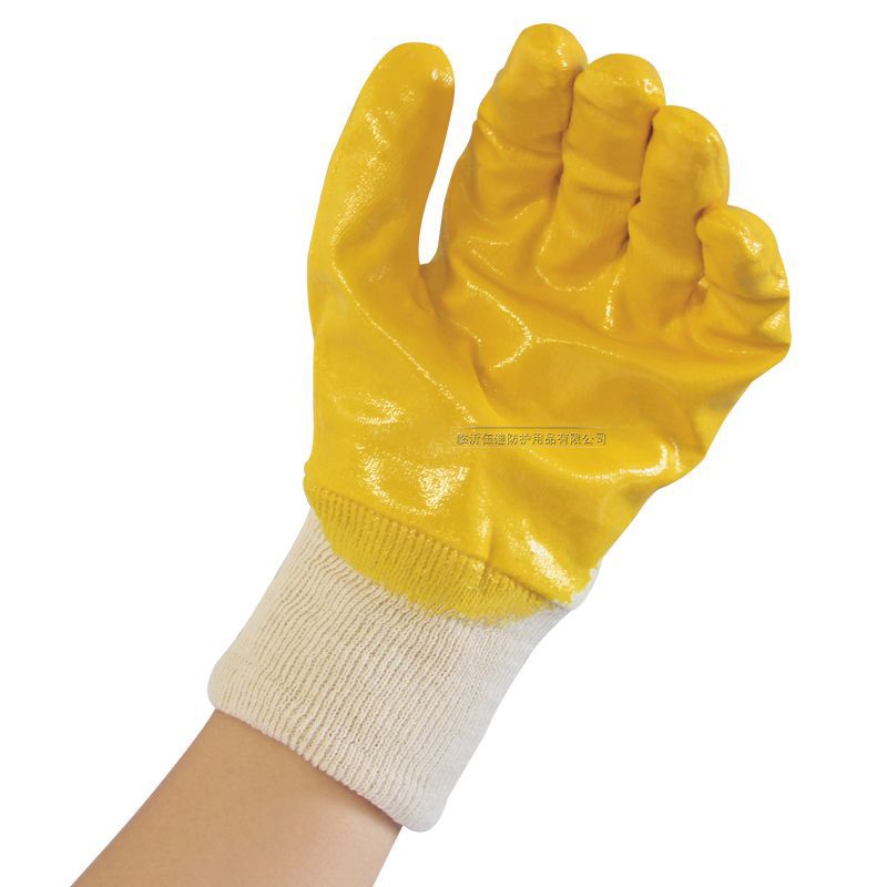 Cotton Wool Yellow Nitrile Gloves Semi-Hanging Glue Labor Protection Knitted Screw Mouth Nitrile Wear-Resistant Oil-Resistant Non-Slip Dipped Nitrile Gloves