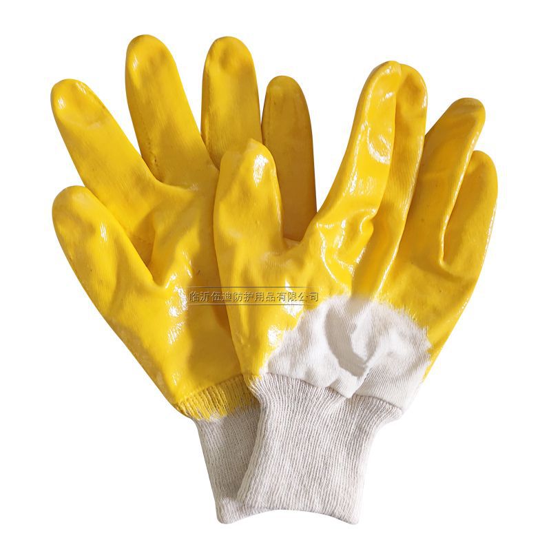 Cotton Wool Yellow Nitrile Gloves Semi-Hanging Glue Labor Protection Knitted Screw Mouth Nitrile Wear-Resistant Oil-Resistant Non-Slip Dipped Nitrile Gloves