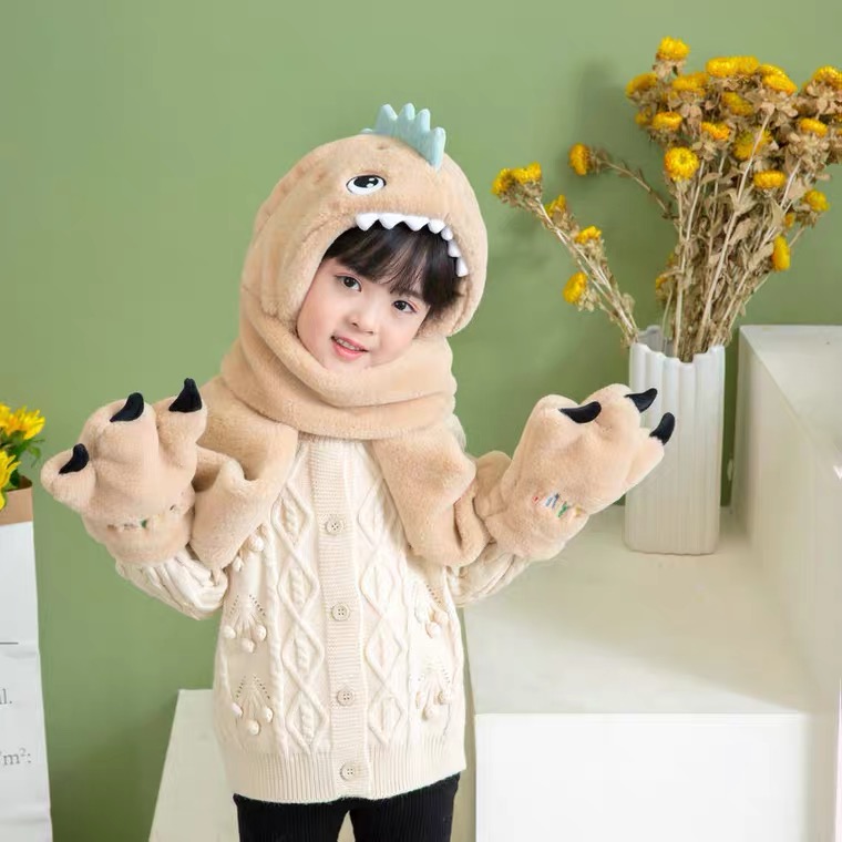  Children&#039;s Korean-Style Cute Plush Boys and Girls Cartoon Gloves Three-Piece Set
